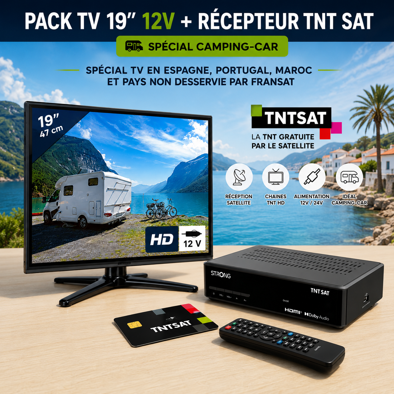 Pack TNT SAT HD 12V + TV 19" pour camping car ESPAGNE/PORTUGAL/MAROC*